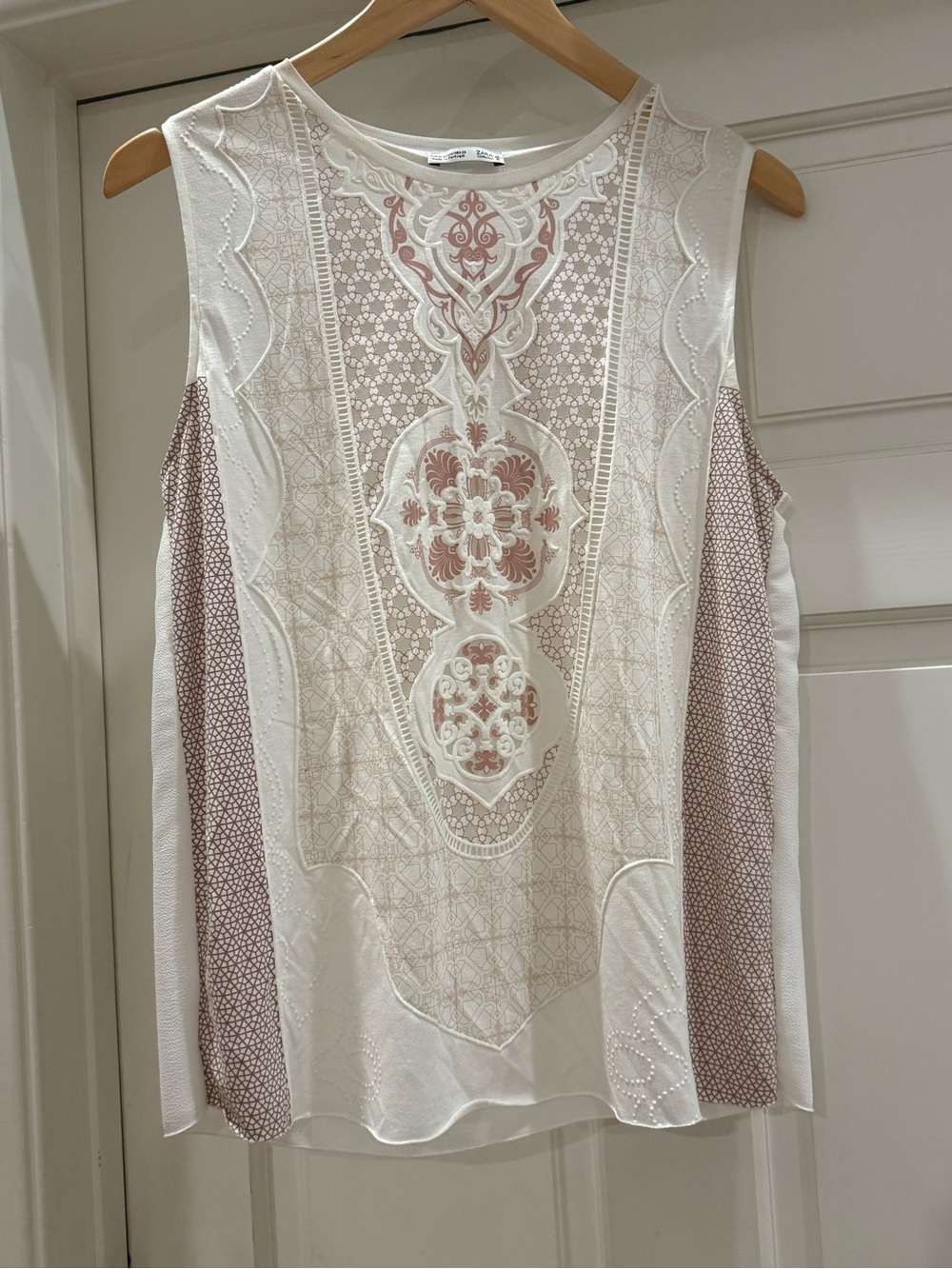 Zara Cream Tank Top with Dusty Rose Embroidered Panel